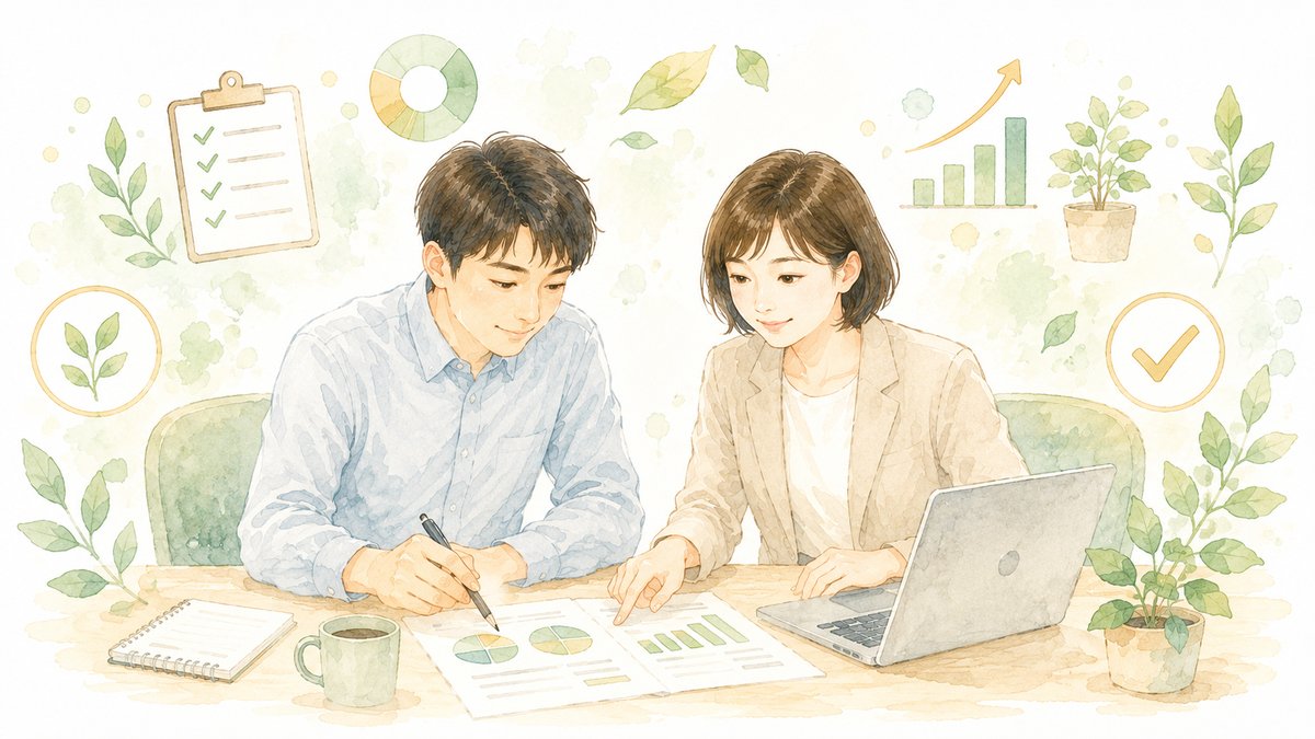 担当者と並んで資料を見ながら健康経営の計画を立てる伴走相談のイラスト