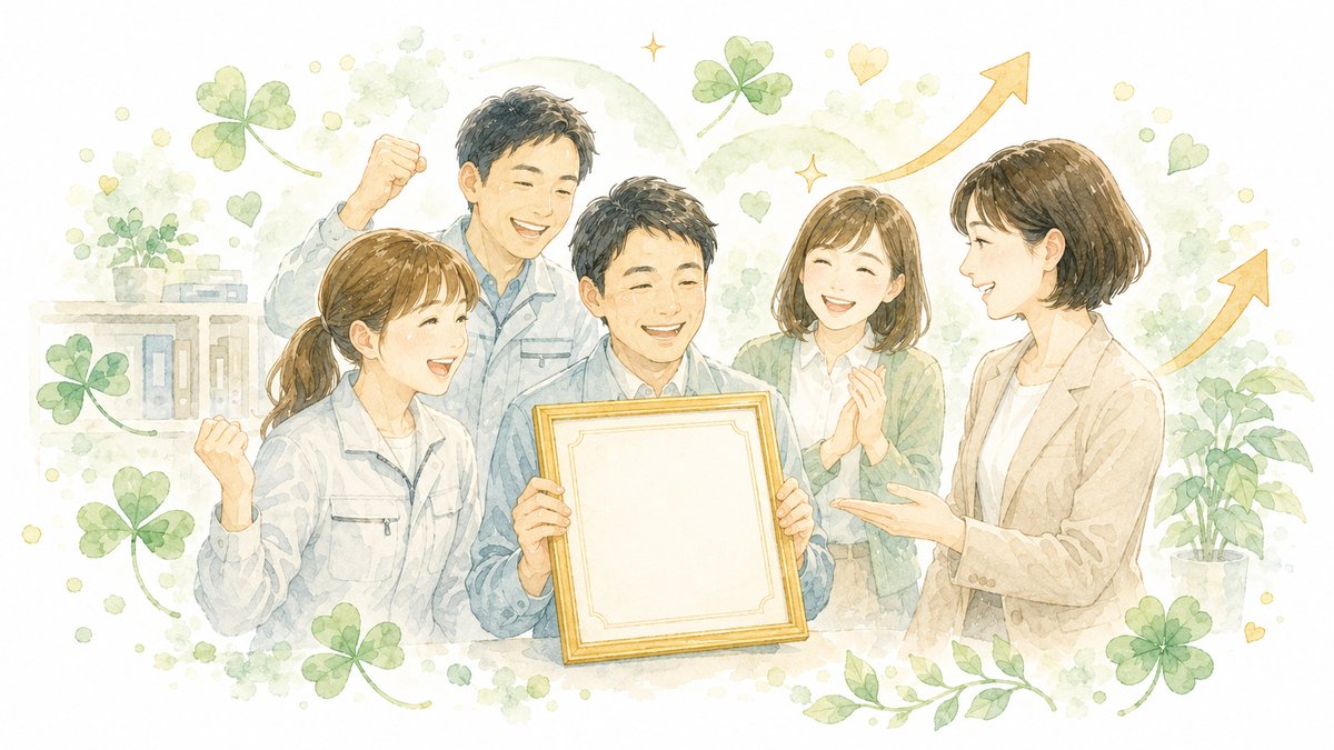 認定証を掲げて社員みんなで喜ぶ職場のイラスト