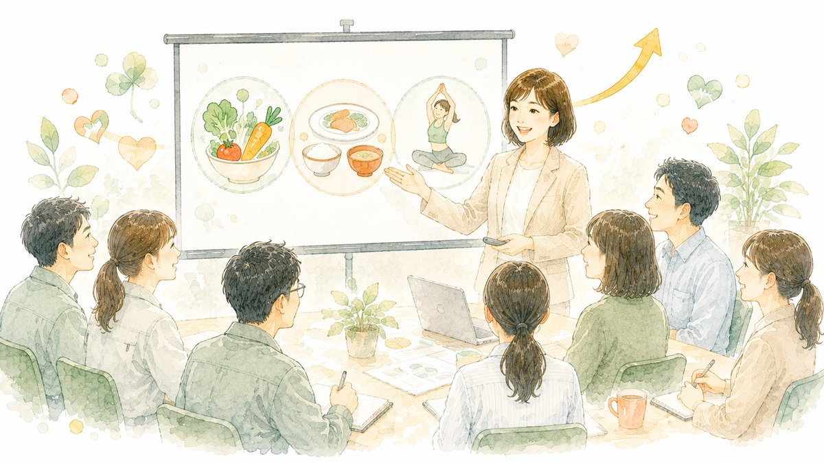 管理栄養士が食事・運動について社員向けセミナーを行っているイラスト